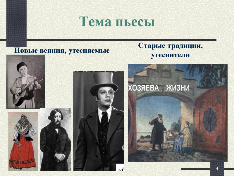 Тема пьесы Новые веяния, утесняемые Старые традиции, утеснители 4